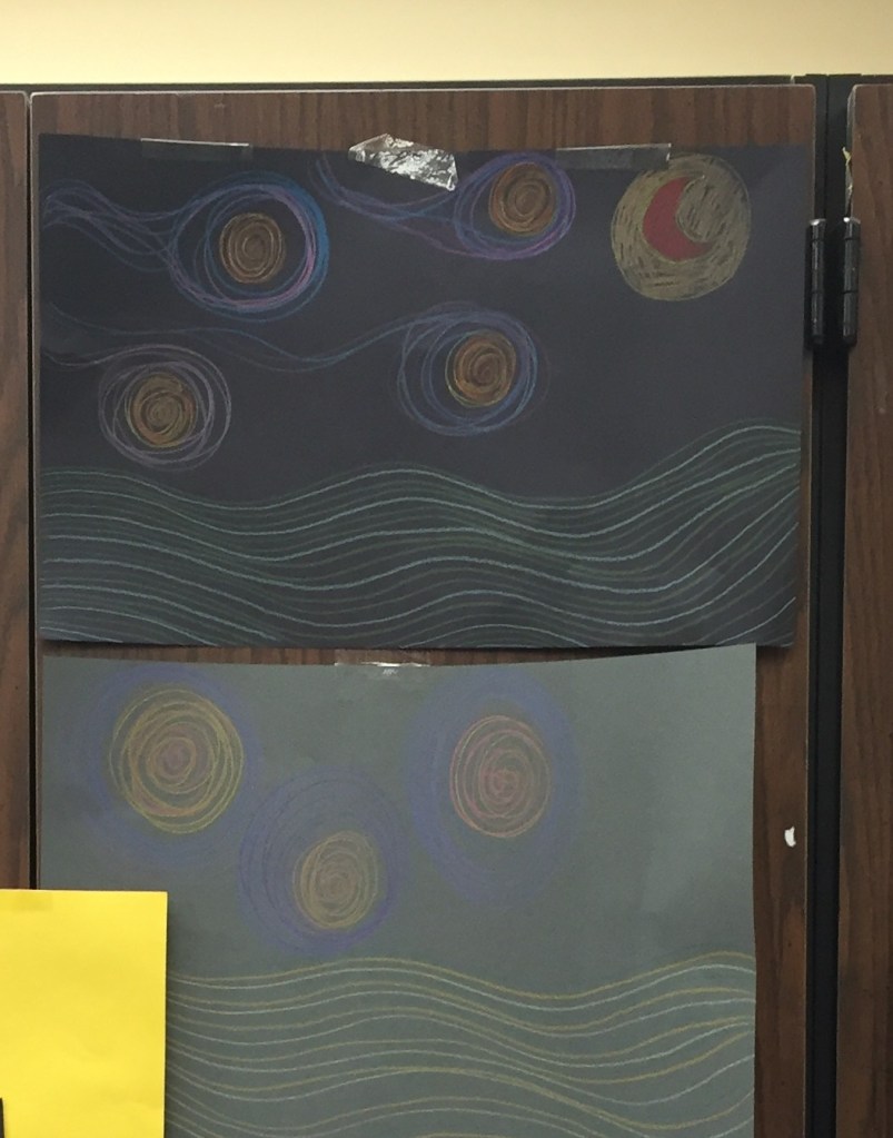 Drawing of Van Gogh's Swirls, moon, stars, and hils
