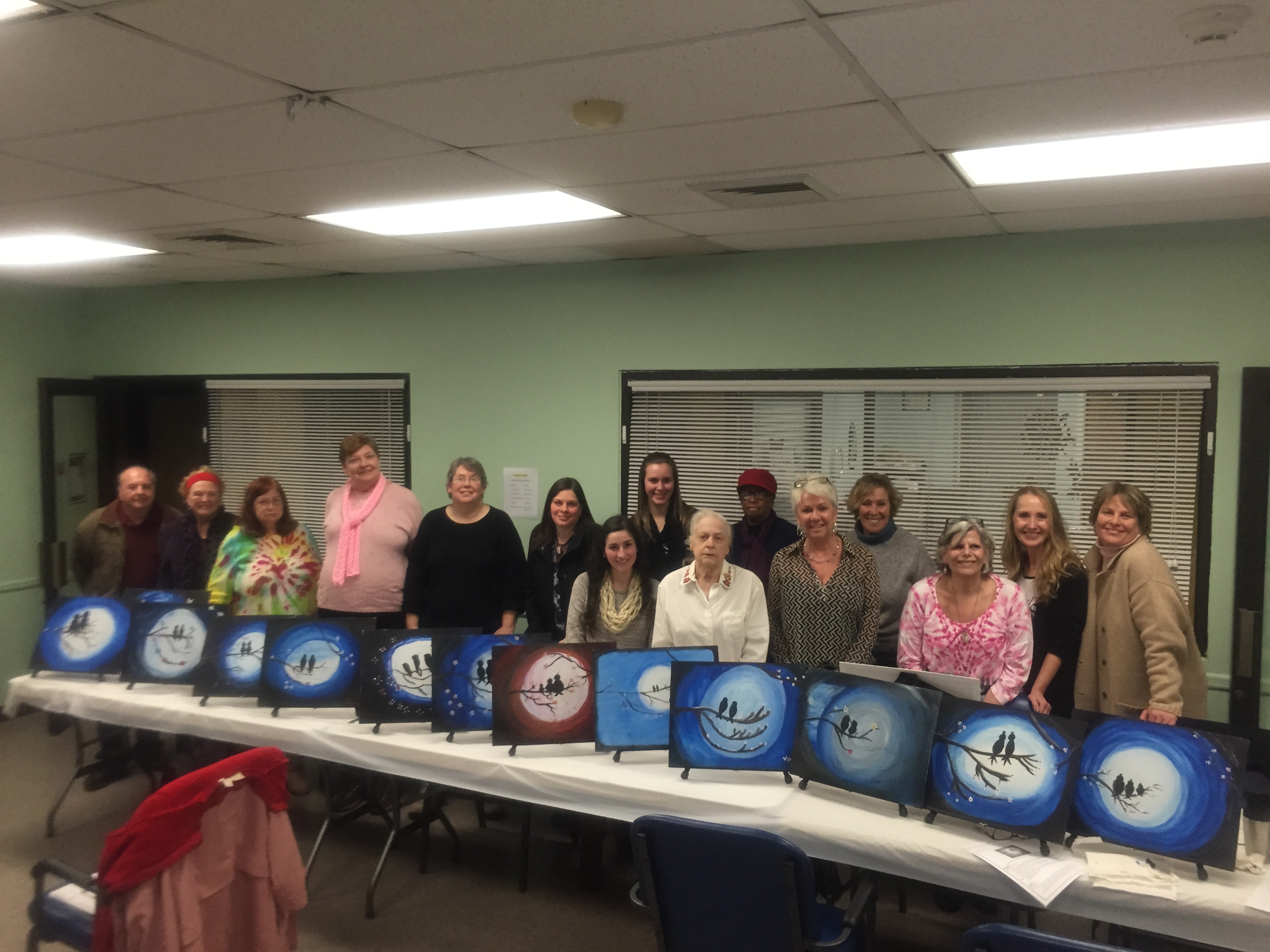 finished bird paintings at the senior center