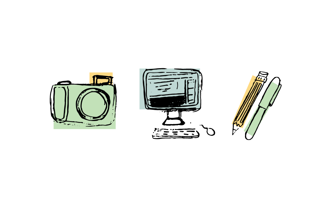 camera, computer, pencil, and pen