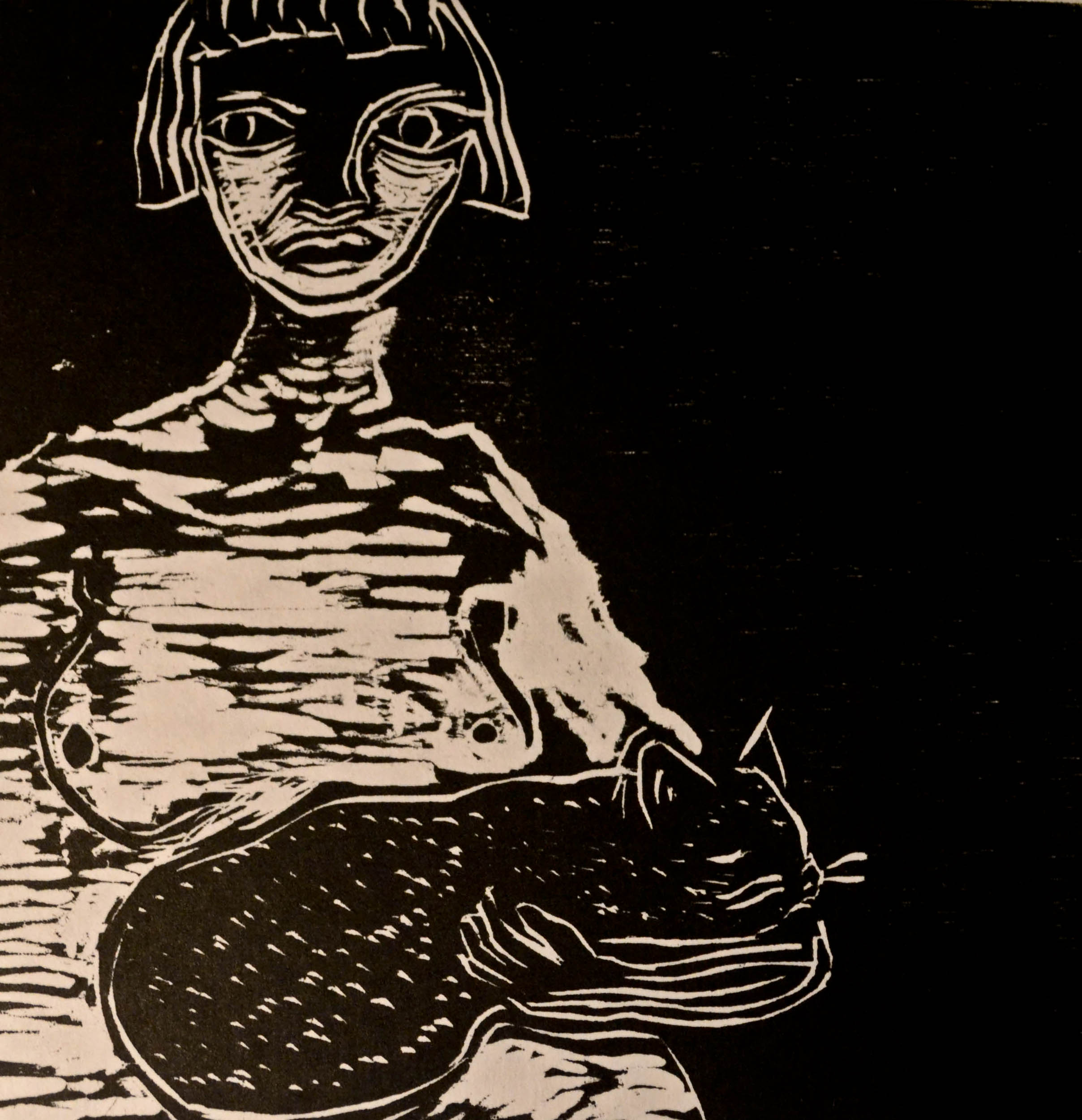 woodcut of woman and cat
