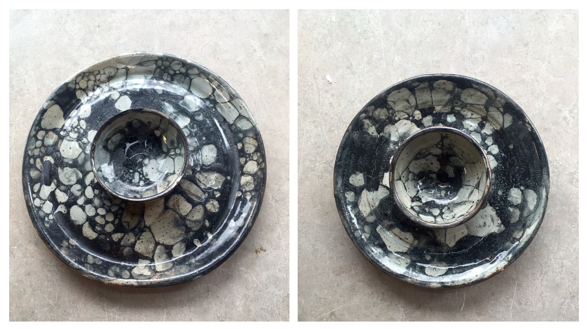 two chip and dip dishes with bubble glaze