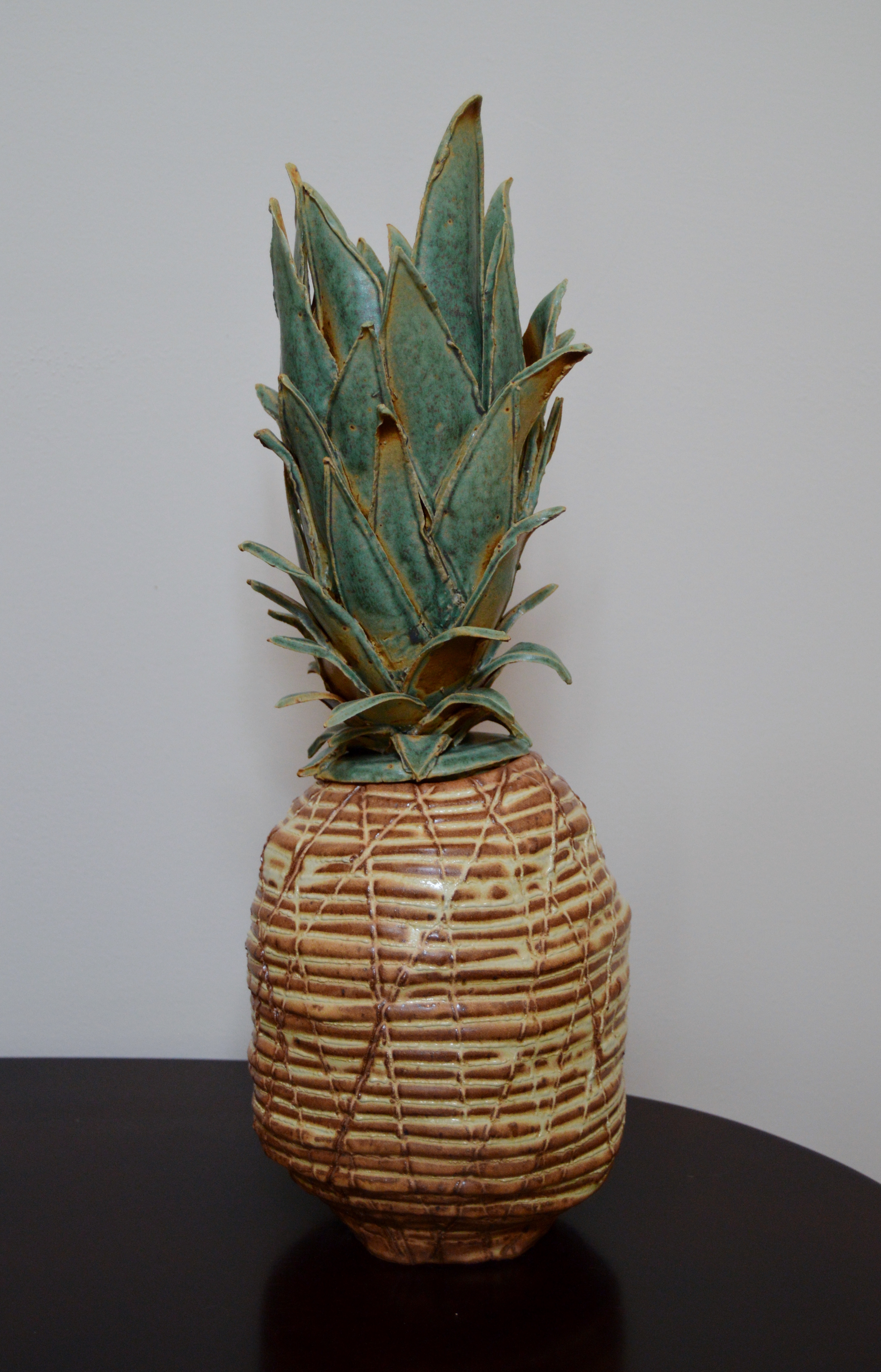pineapple, ceramic, yellow, green, sculpture