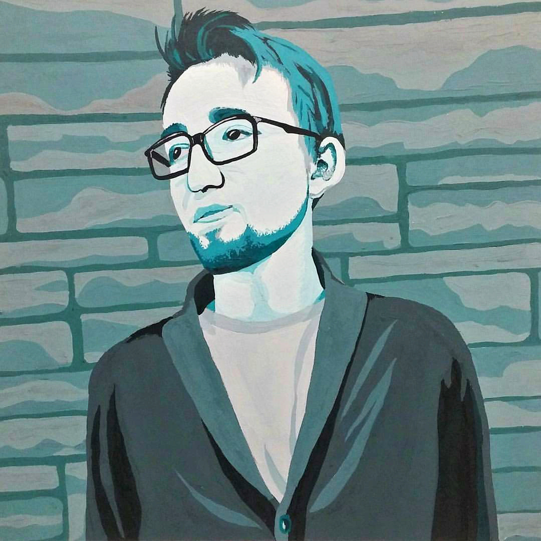 painting, blue, monochromatic, male, acrylic