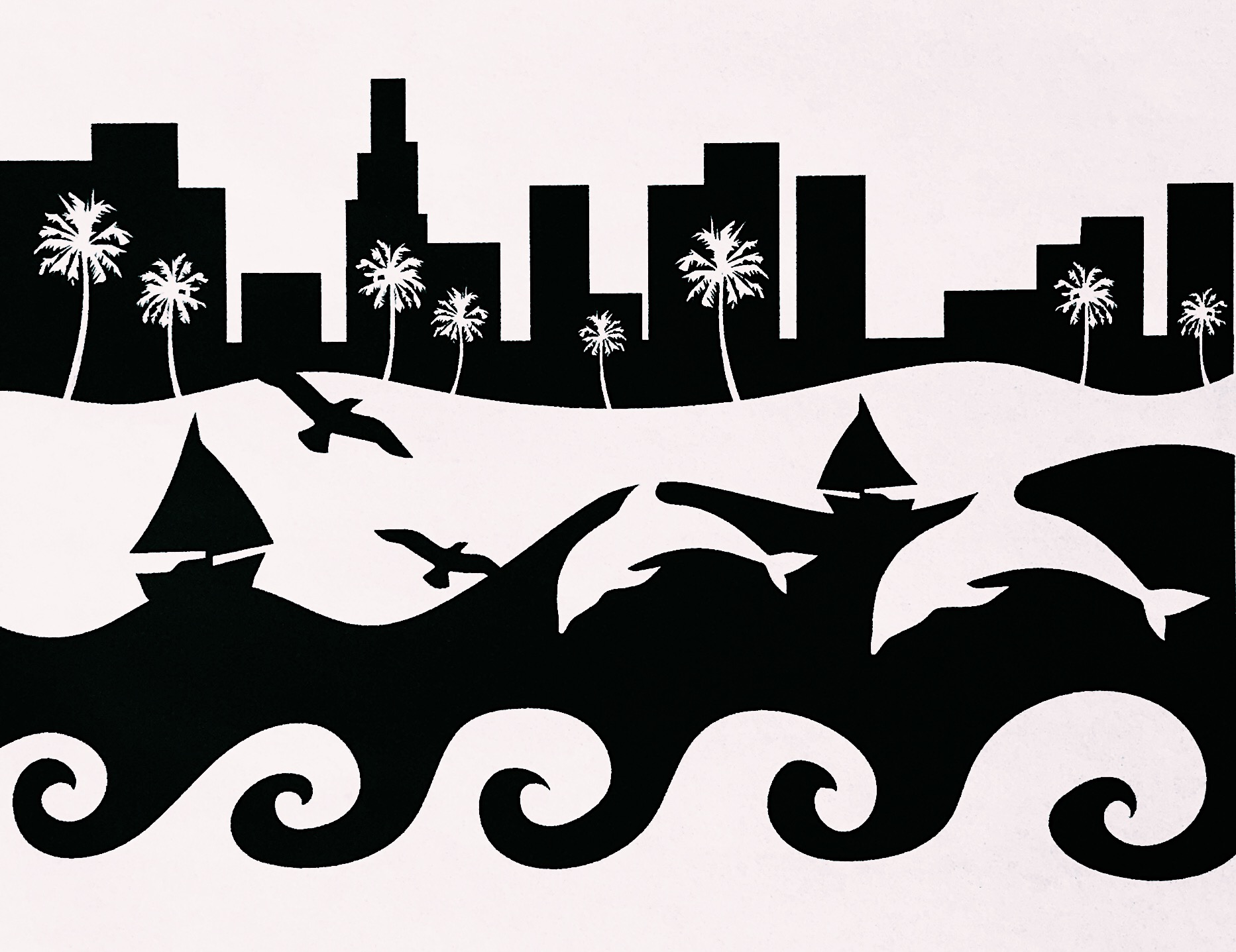 Figure ground reversal design with an ocean scene landscape
