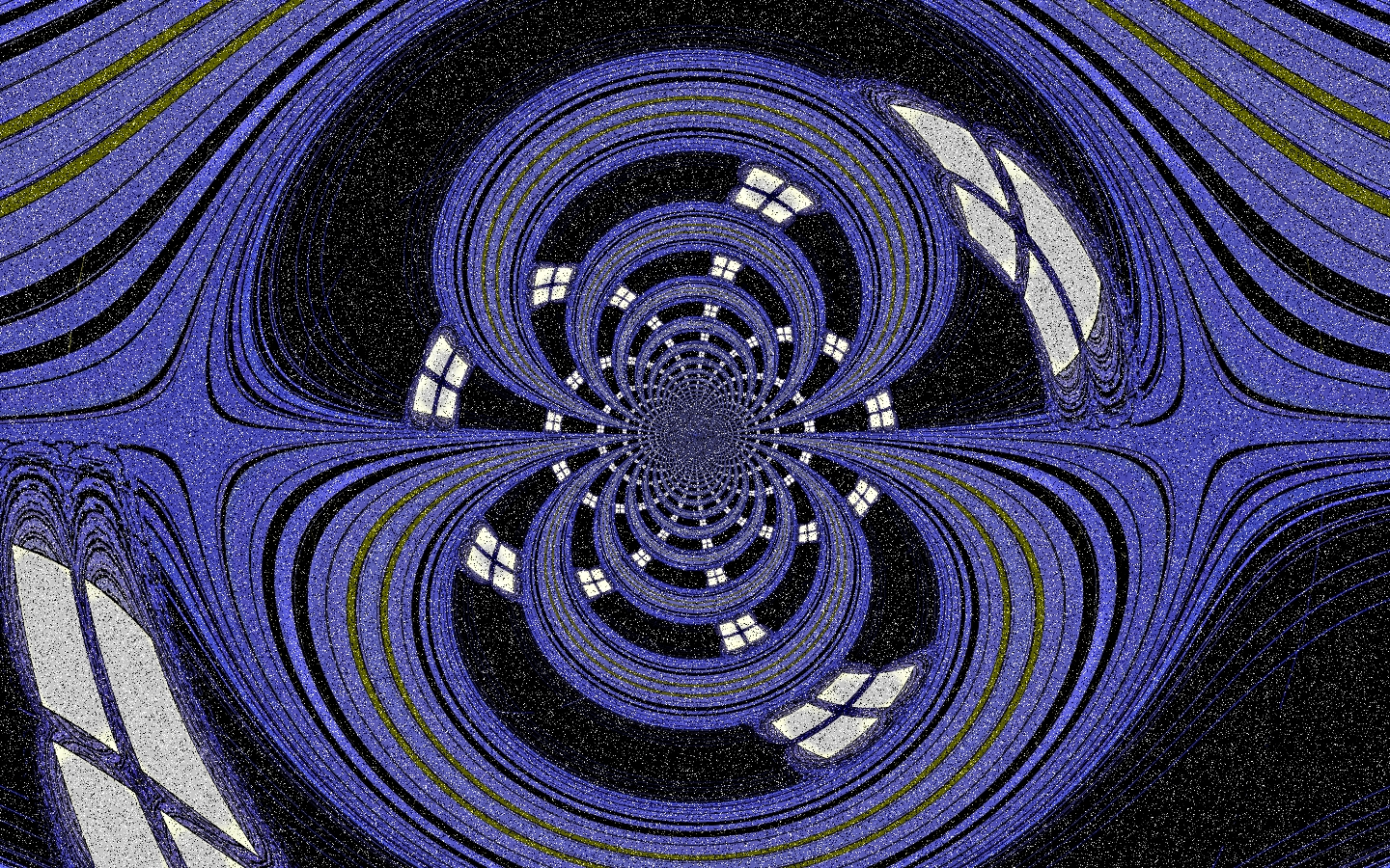 Artwork. Purple spirals on a black background with window shapes