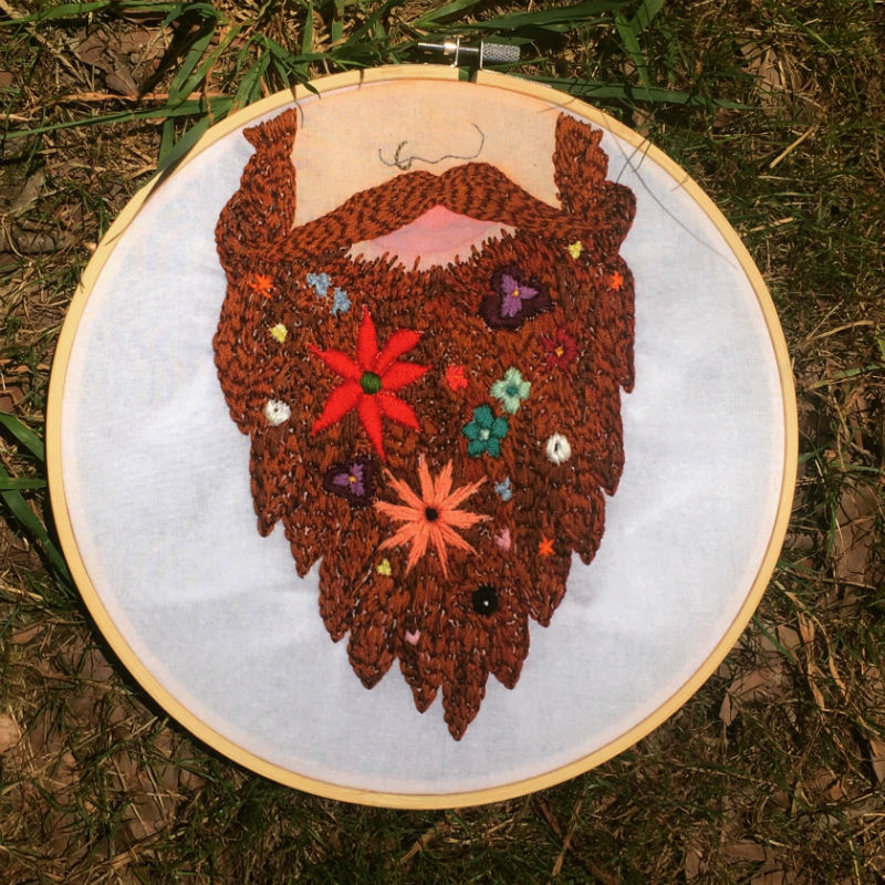 Embroidered beard with embroidered flowers within it