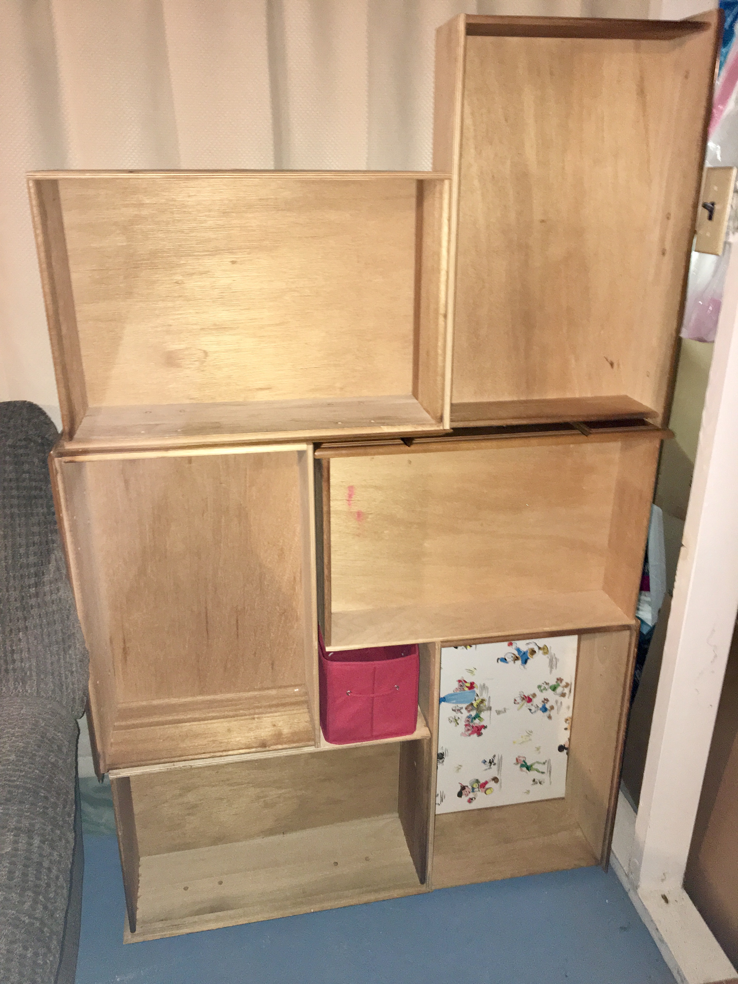 Dresser drawers organized into a shelving unit