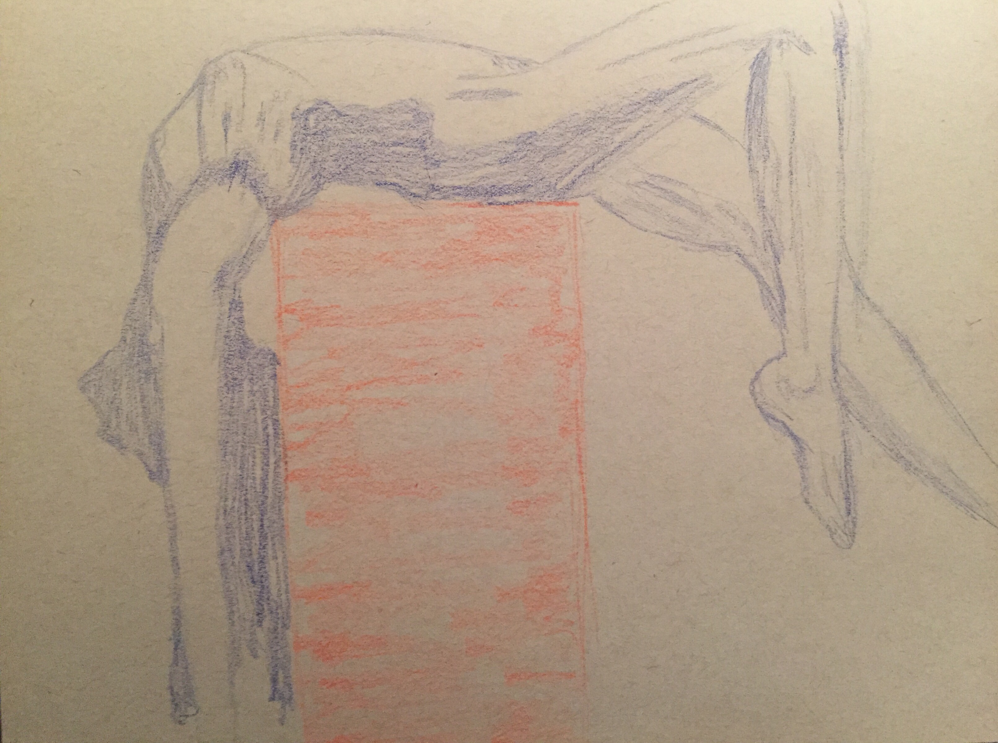 Blue woman arched over orange box