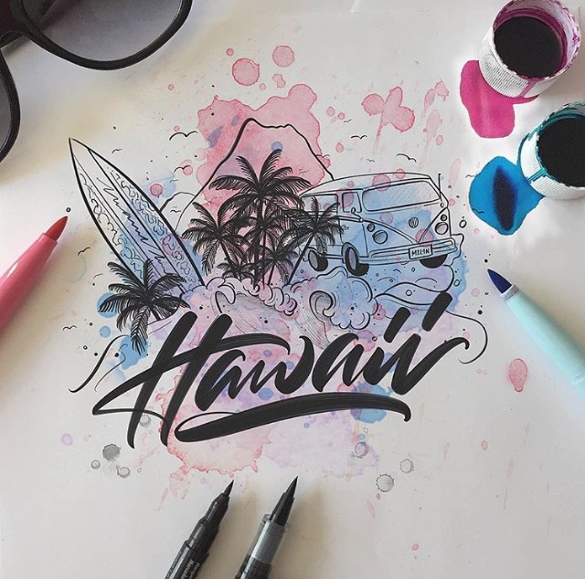 Hawaii written in script with paint splatters