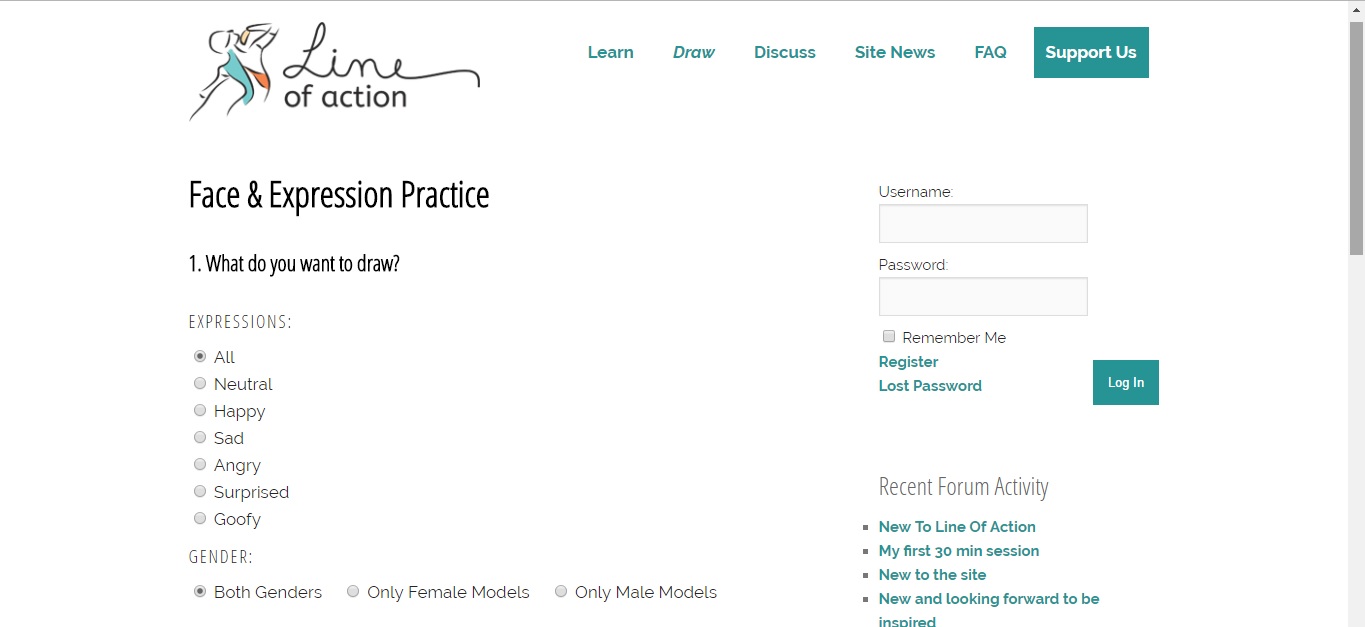 Screenshot of website, Line of Action, showing the options for practice tools
