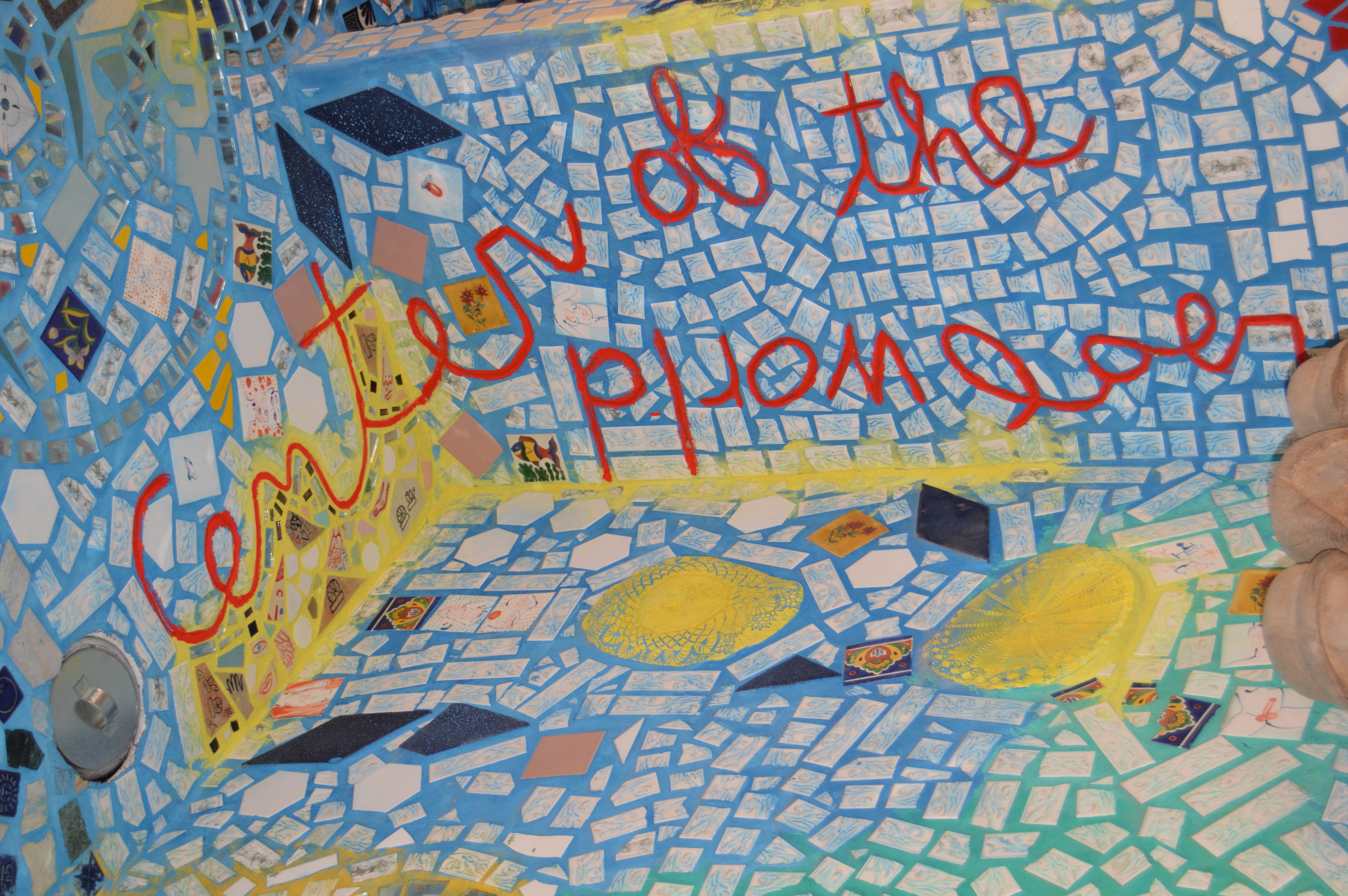 Pink quote on blue and yellow background