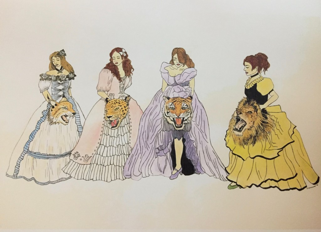 old fashioned dressed. women with cat heads