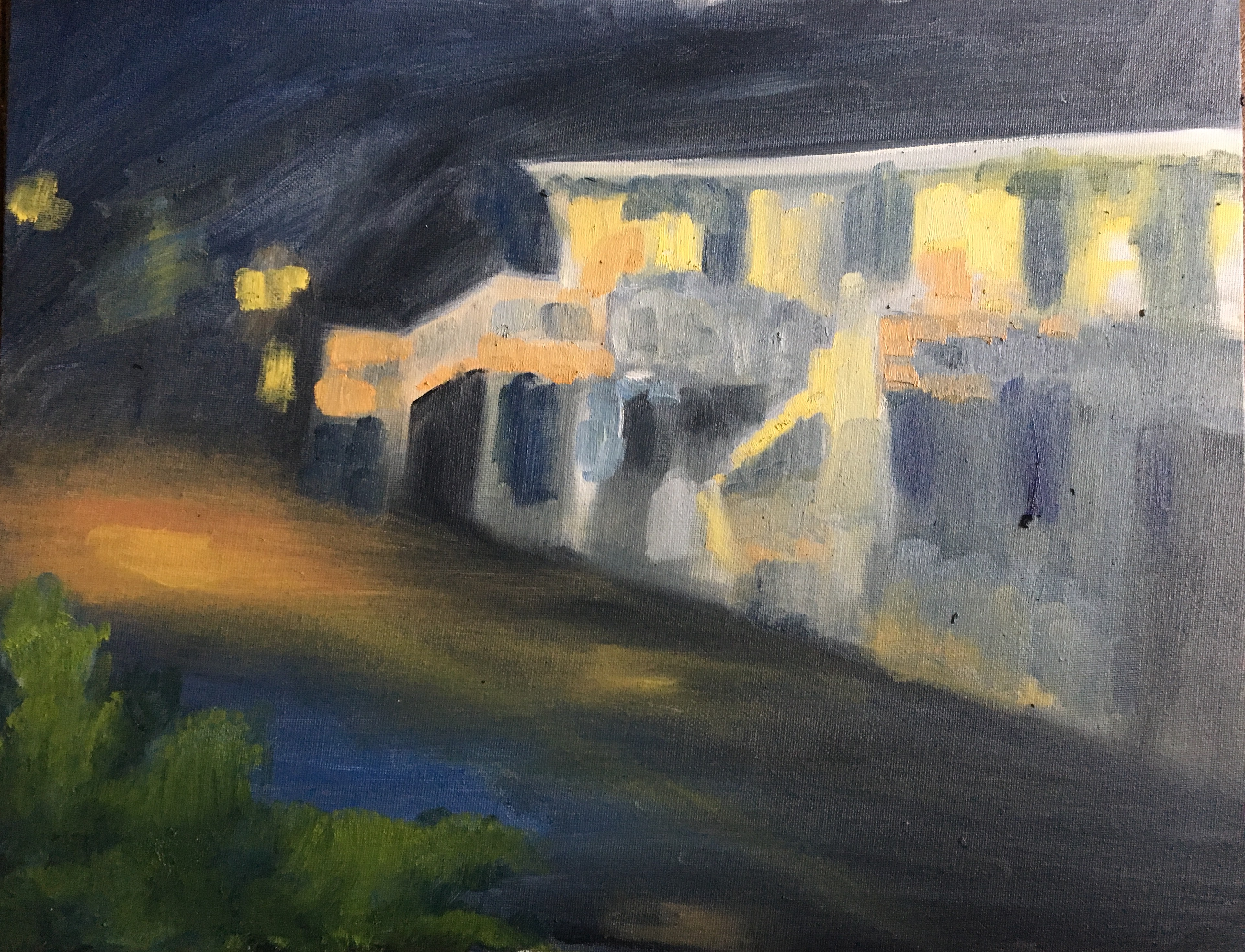 Dark street scene blocked out with shapes only