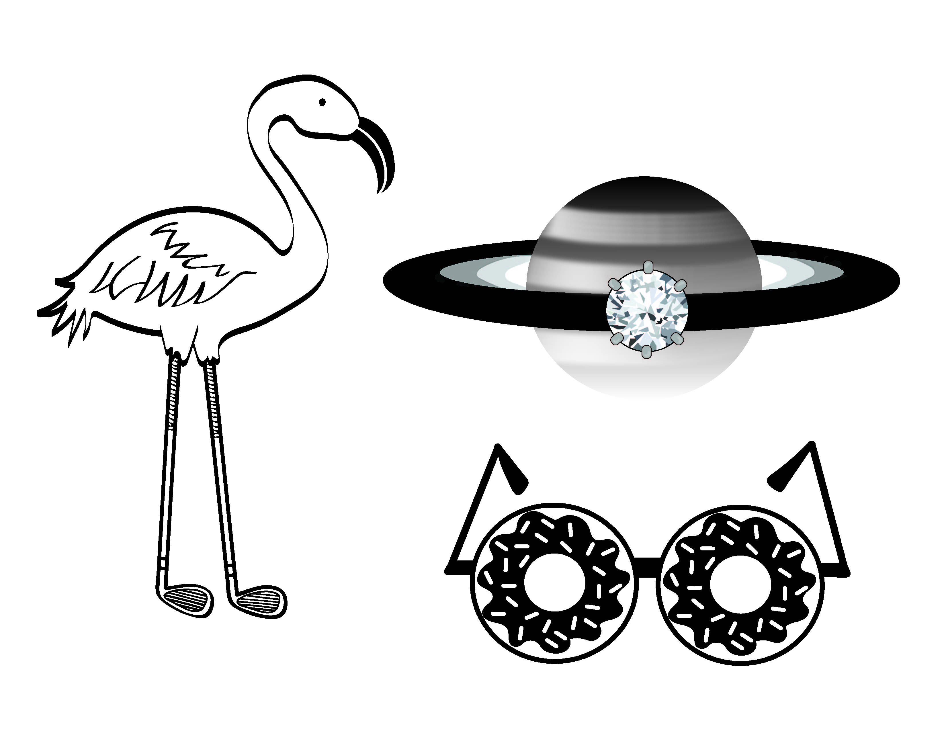flamingo, planet, and glasses