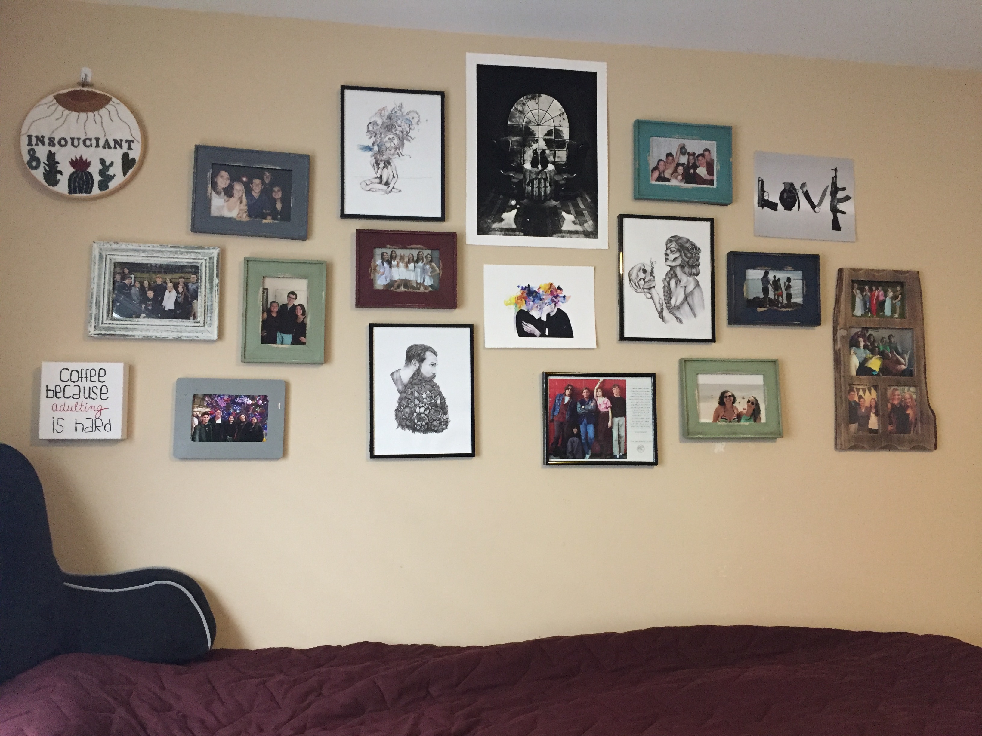 Posters and photos hanging on wall