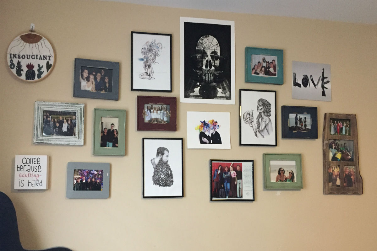 photos and art on wall