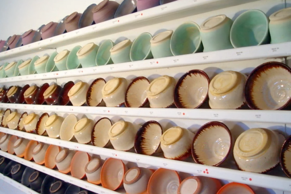 ceramic bowls on shelves