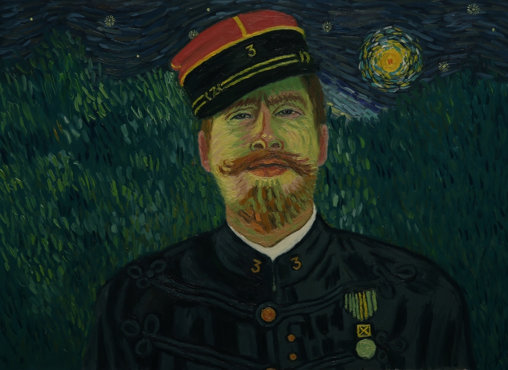 Another frame from the film featuring the background of Starry Night