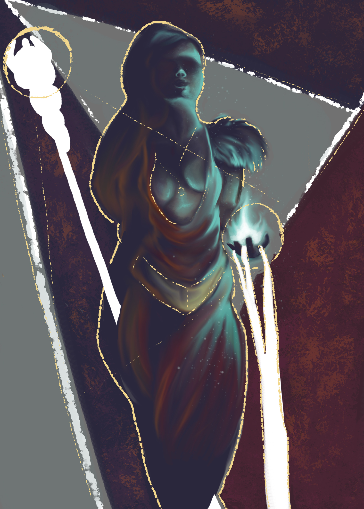 digital painting of a mythical figure with shapes and solid colors as the background