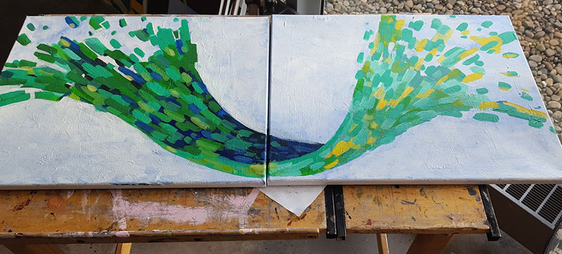 Left and right paintings put together to create a wave of green blue and yellow