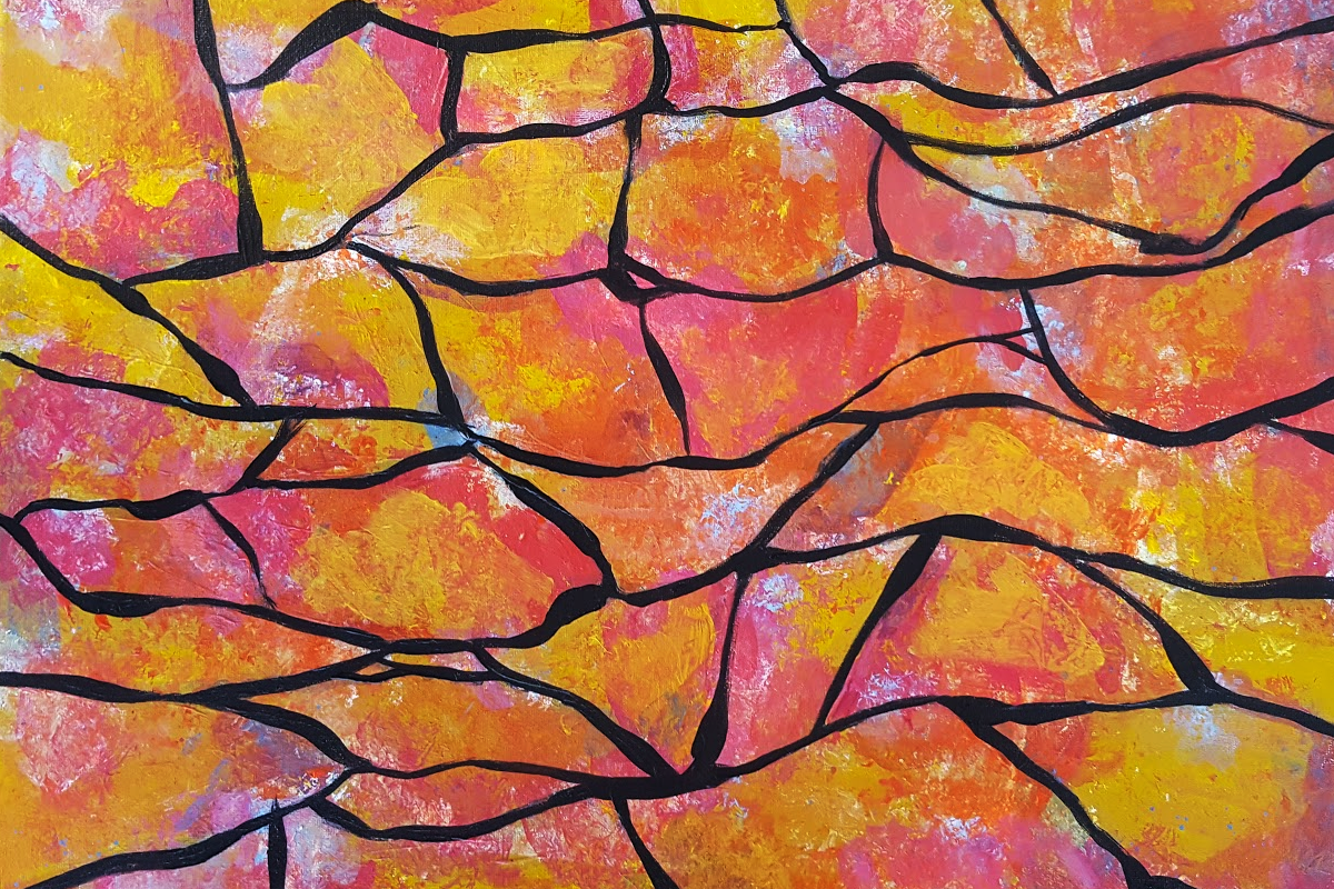 Bright pinks and yellow painting, with black lines