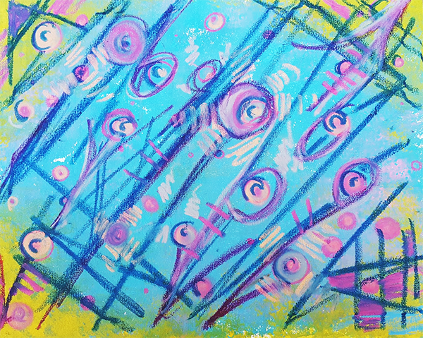 Bright pinks, blues and yellow painting with pastels