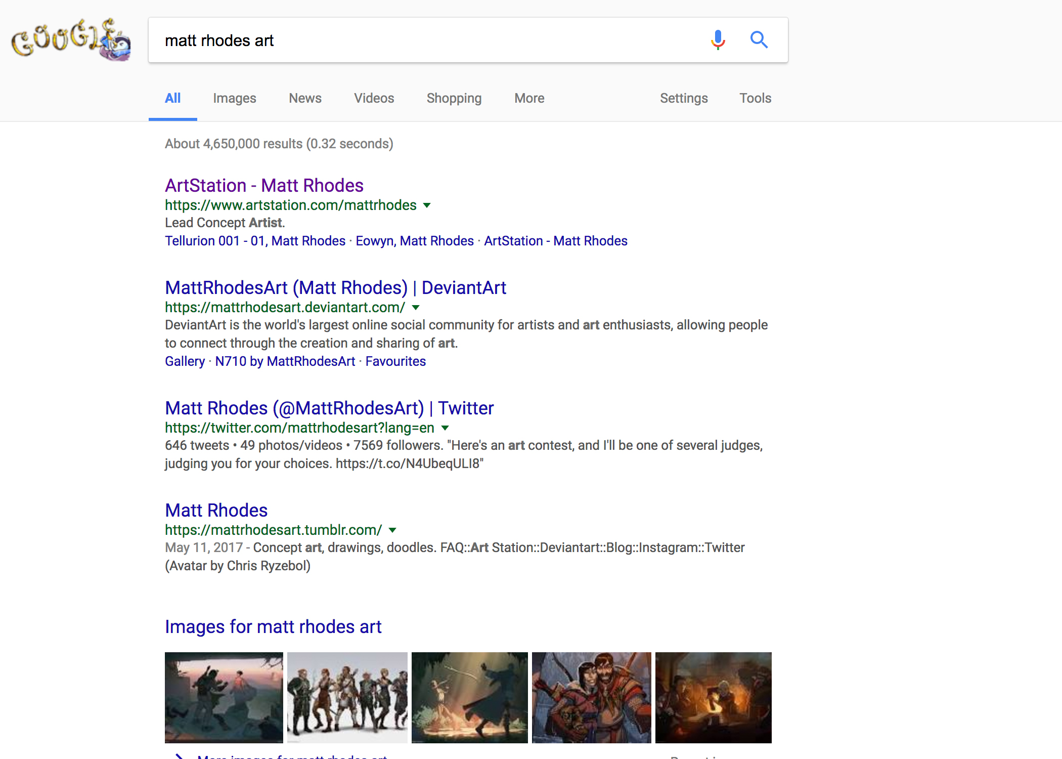 Screen picture of a google search of Matt Rhodes, an artist. It shows all of his accounts right at the top with all the same username.