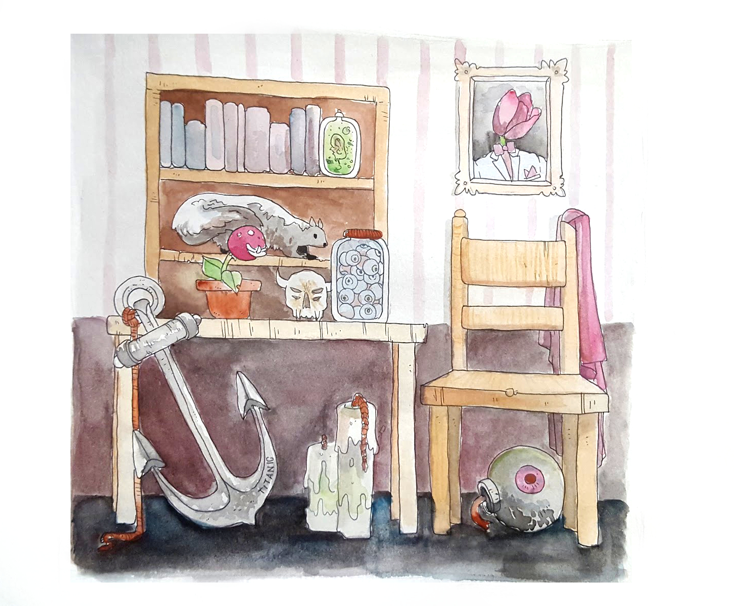 creepy prompt with anchor, skunk, chair and ear