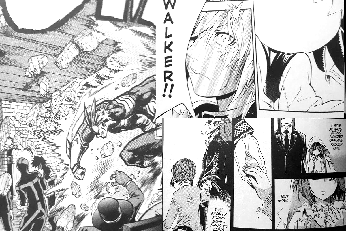 Pictures of different comics, My hero on the left, D Gray Man on top right, and Ancient Magus Bride on bottom right