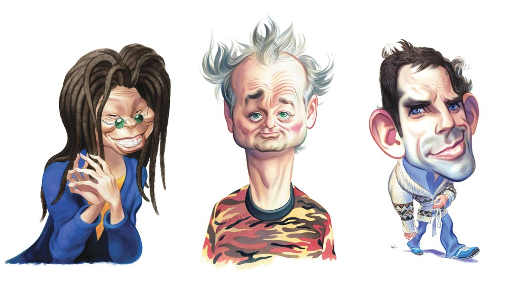 Whoopi Goldberg, Bill Murray and Ben Stiller, watercolor India ink