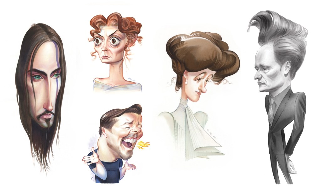 Trent Reznor, Susan Sarandon, Ricky Gervais, Edith Wharton and Conan O’Brien, watercolor and India ink on paper