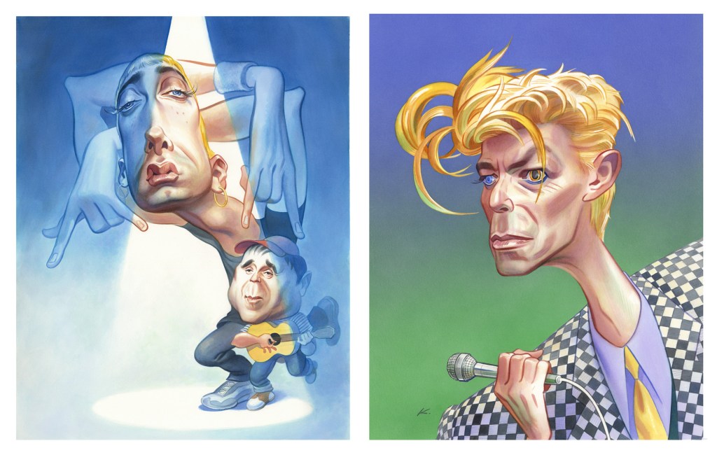 (l) Eminem and Paul Simon (r) David Bowie, watercolor and India ink on paper
