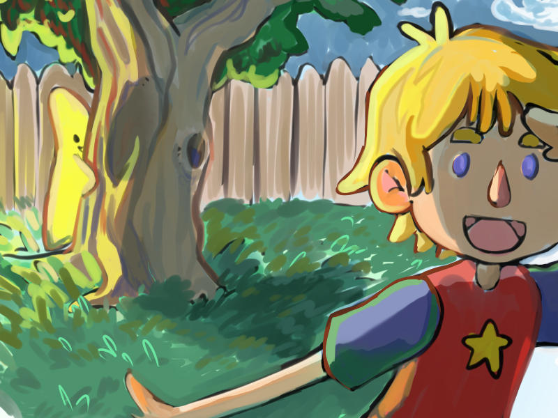 close up of boy playing hide and seek with the star