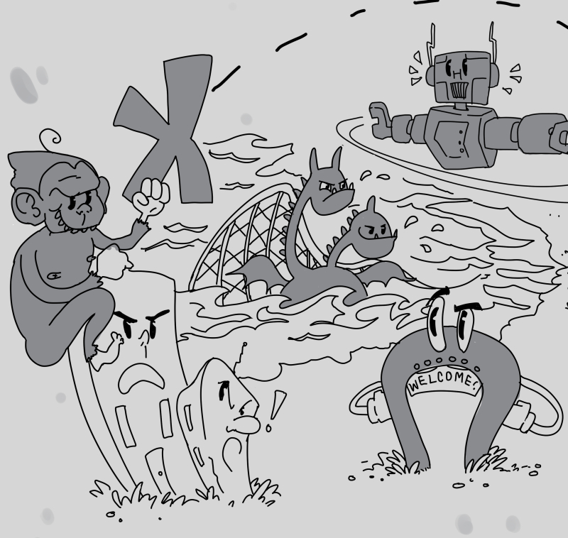 cartoon monsters in black and white