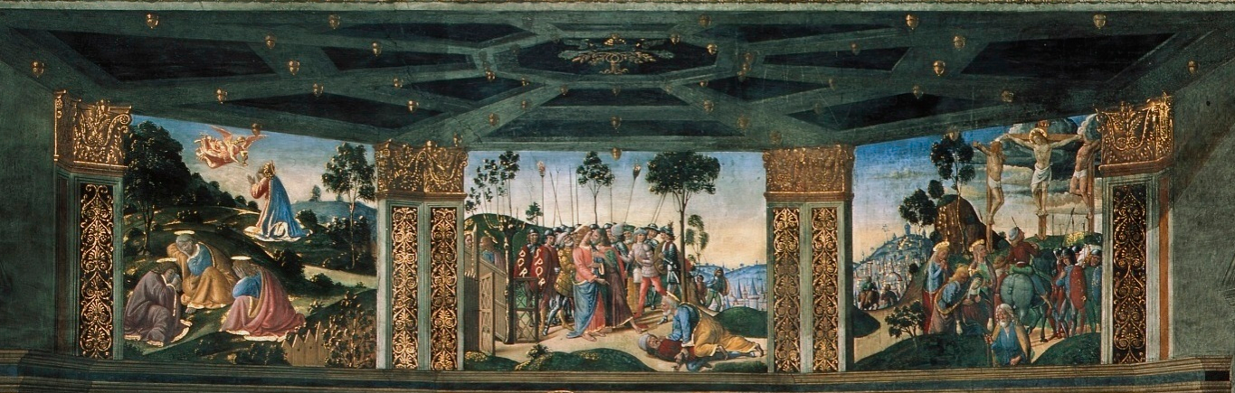 Close up of three paintings in background