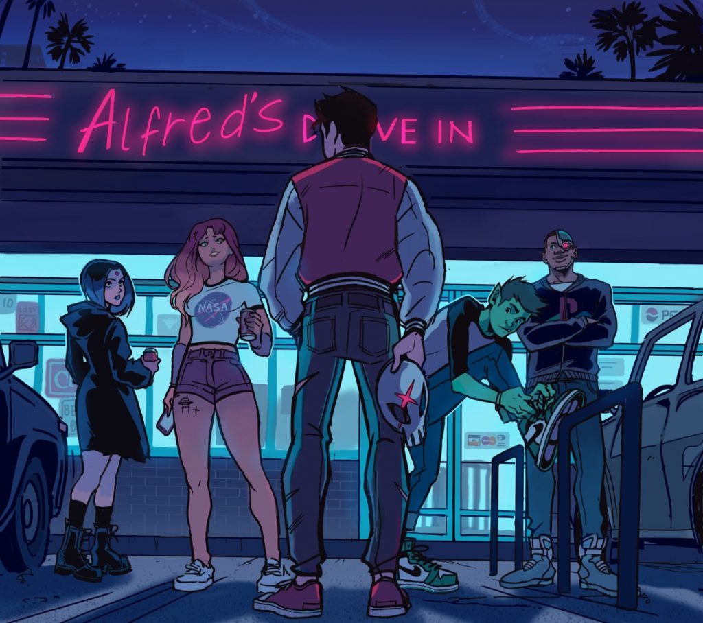 Teen Titans standing in front of a diner
