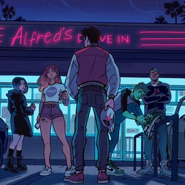 Teen Titans standing in front of a diner