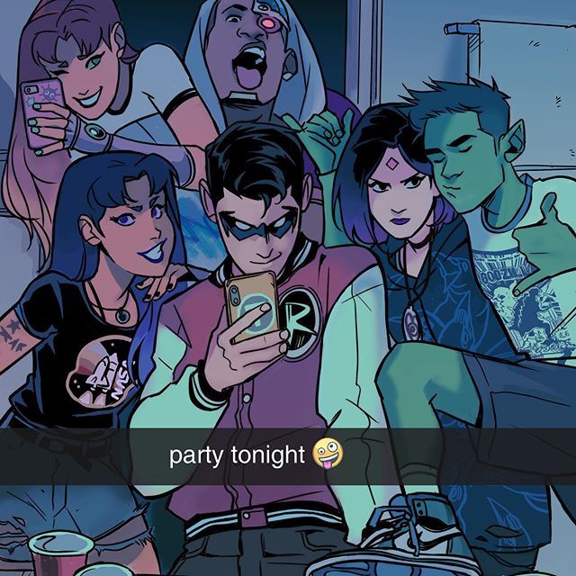Robin and the Teen Titans hanging out at a party