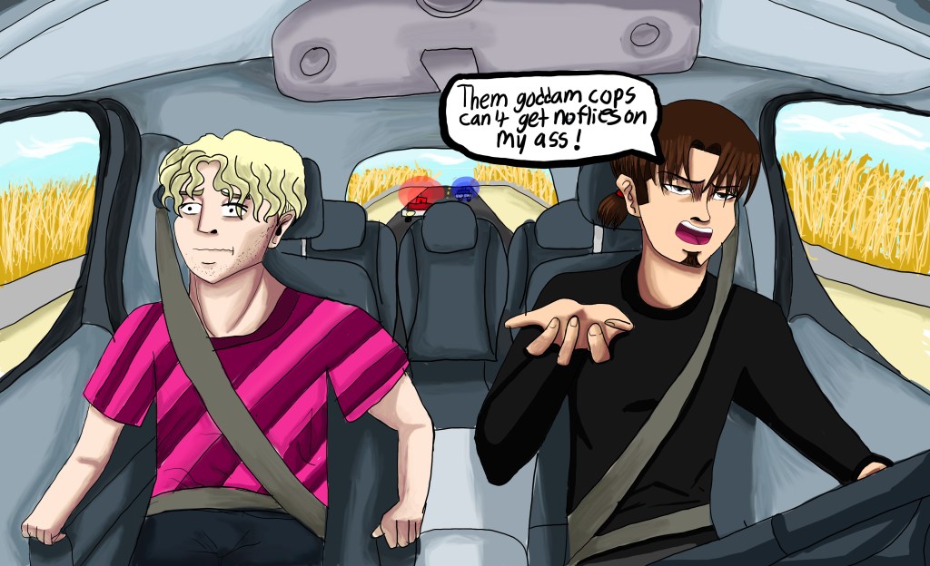 Two guys in a car getting chased by cops