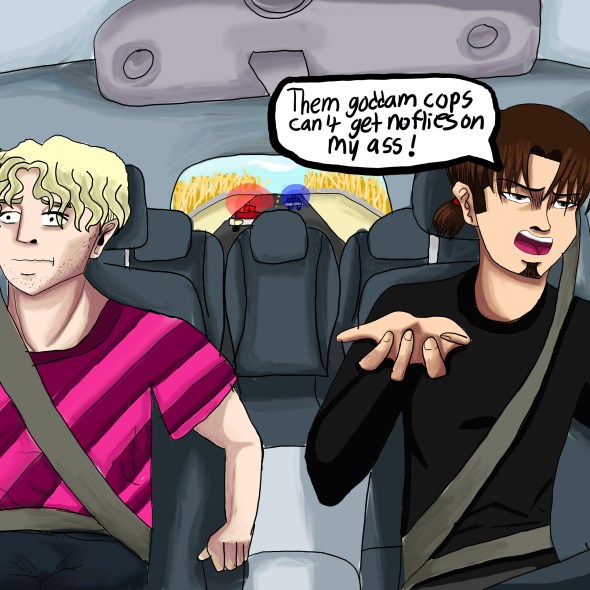 Two guys in a car getting chased by cops