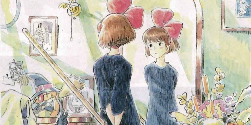 concept art with kiki looking in a mirror