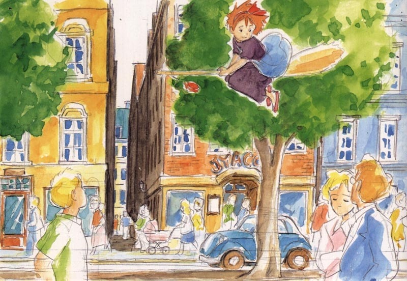 Concept art of kiki flying on her broom over the city