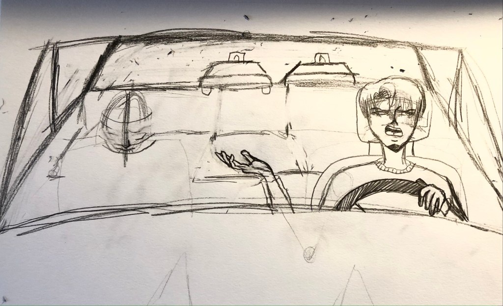 Drawing of two men in a car getting chased by cops
