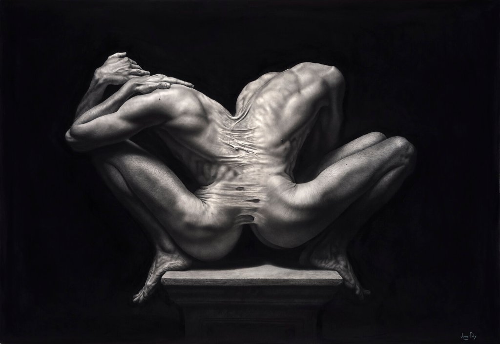 This work displays two figures placed back to back on a pillar. The work is done in graphite so it is monochramatic with a emphasis on shadows and highlight. There is prominence of abdominal, leg and back muscles. 