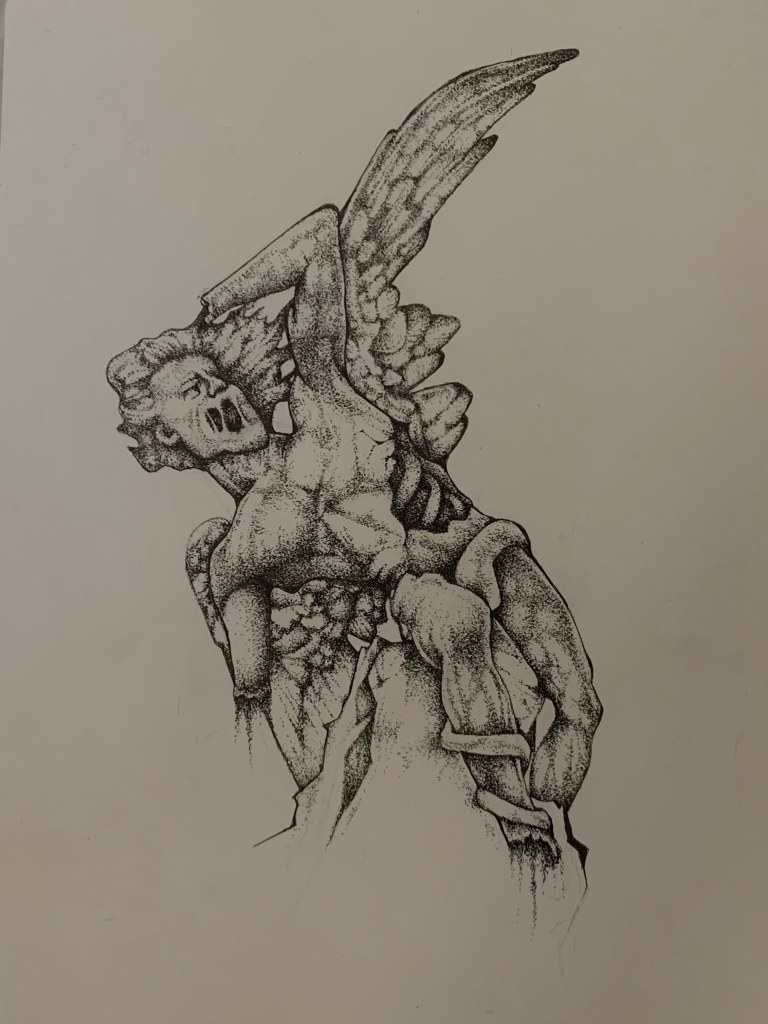 This is a black and white tattoo design that depicts a fallen angle in a state if destruction. Their are elements such as the rib cage that depict fractures, as well as elements in the hand and legs that break off into a drip like erosion. The figure is central to the page and is looking into the top right area of the page.