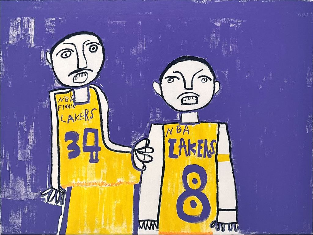 Artwork of two Lakers players standing side by side with bluish-purple background
