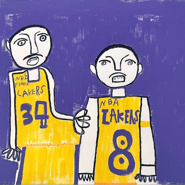 Artwork of two Lakers players standing side by side with bluish-purple background