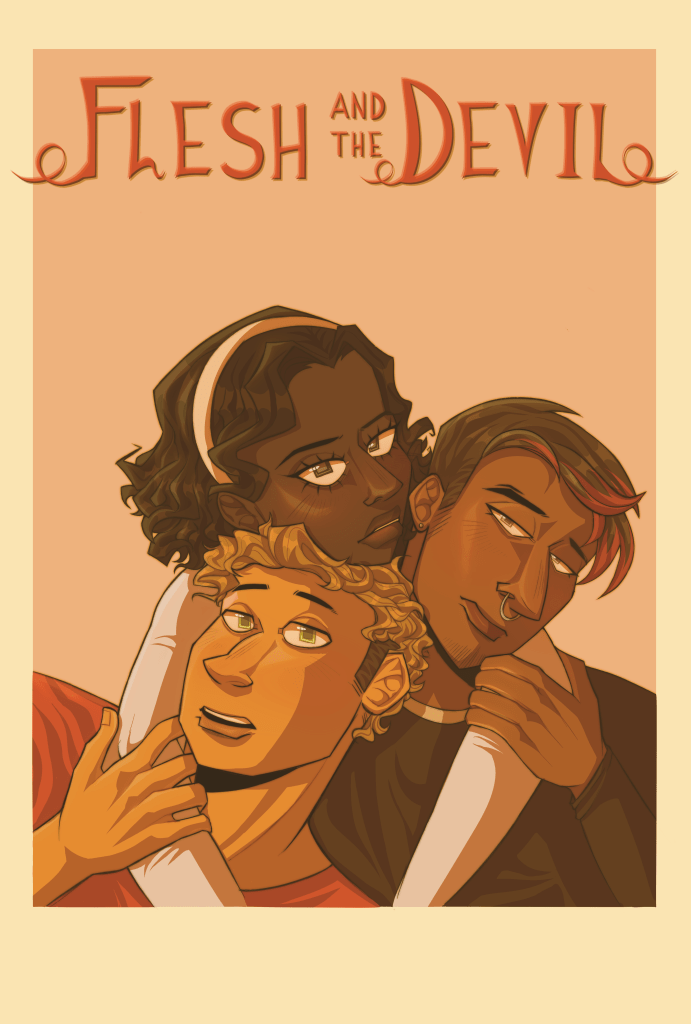 A digital piece with three characters on the front all looking into the camera. Text on the top in red that reads "Flesh and the Devil"