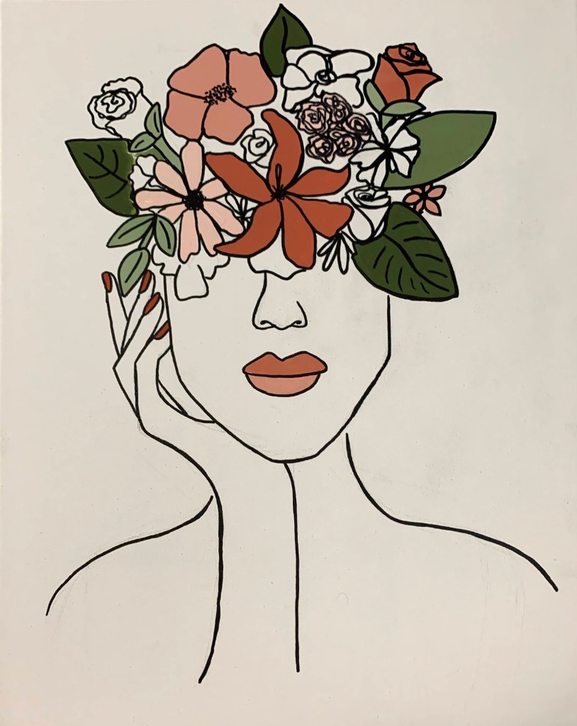 A digital image of a person with a bouquet of flowers covering the top of their head 