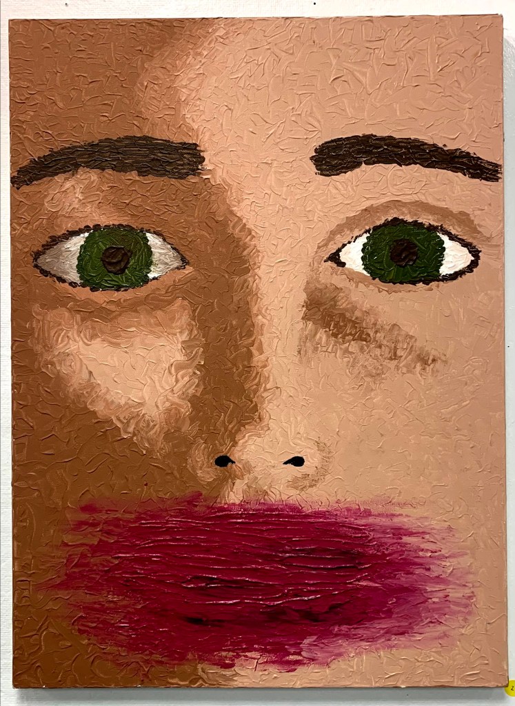 A painting of a person's face close up with the lips smeared into thick strokes of a purplish-red 